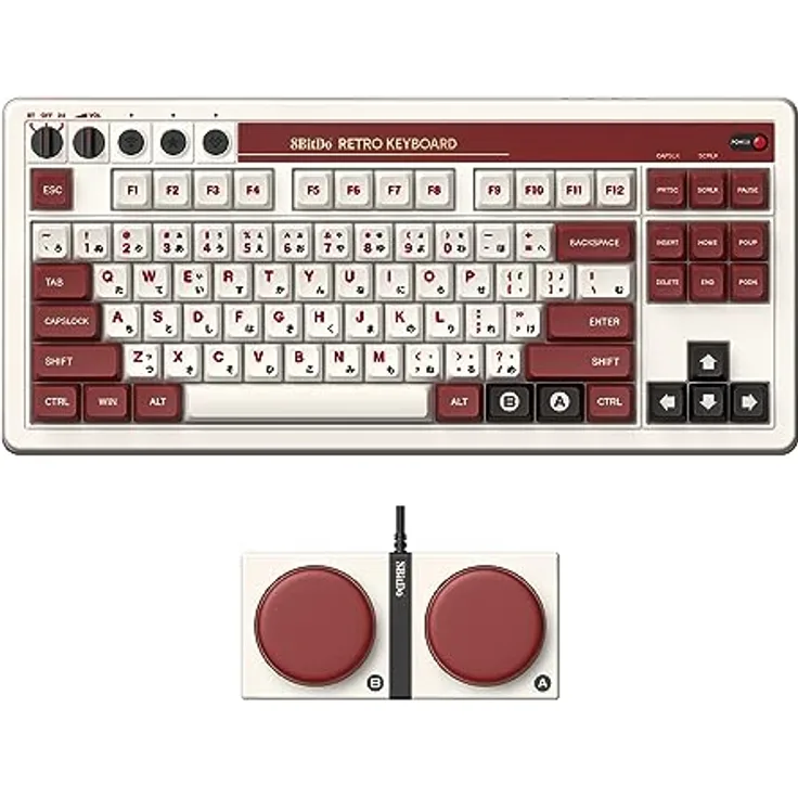8BitDo Retro Mechanische Tastatur (Fami Edition), 87-Tasten-Layout, Kailh Box Switch V2 Weiß, Dual Super Buttons, Bluetooth, 2,4G, Hot-Swap-fähig - UK