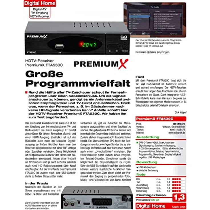 PremiumX FTA 530C DVB-C Kabel Receiver mit USB, HDMI, SCART und 1m Antennenkabel, weiß – Bild 3