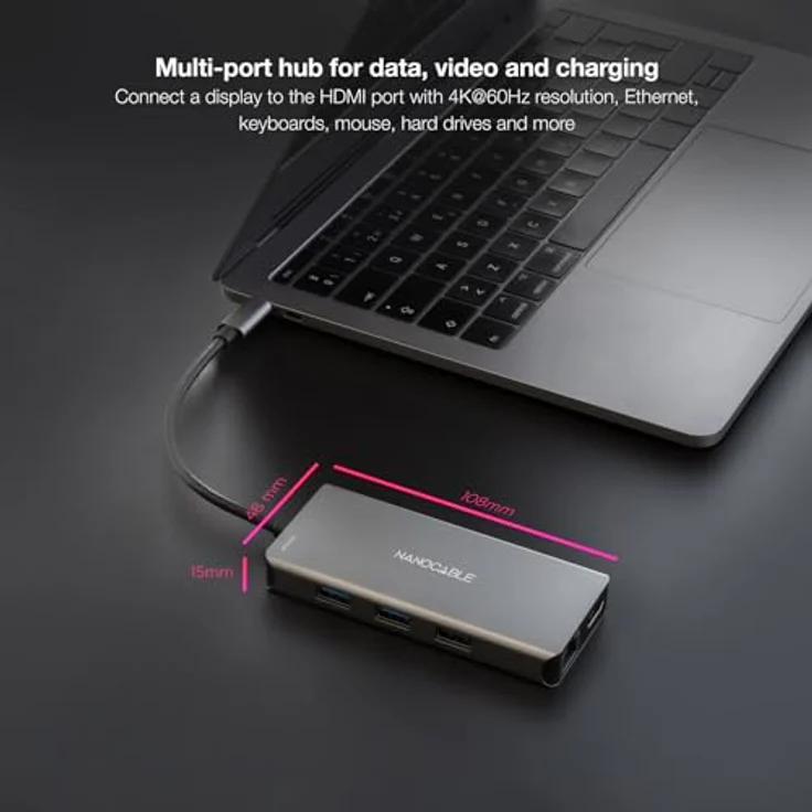 NANOCABLE 10.16.1009 – 9-in-1-Konverter-Hub, USB-C 3.2 GEN1, 3x USB-A, 2x HDMI, RJ45, TF/SD-Slot, USB-C PD 100 W, Aluminium, 15 cm, Grau – Bild 5