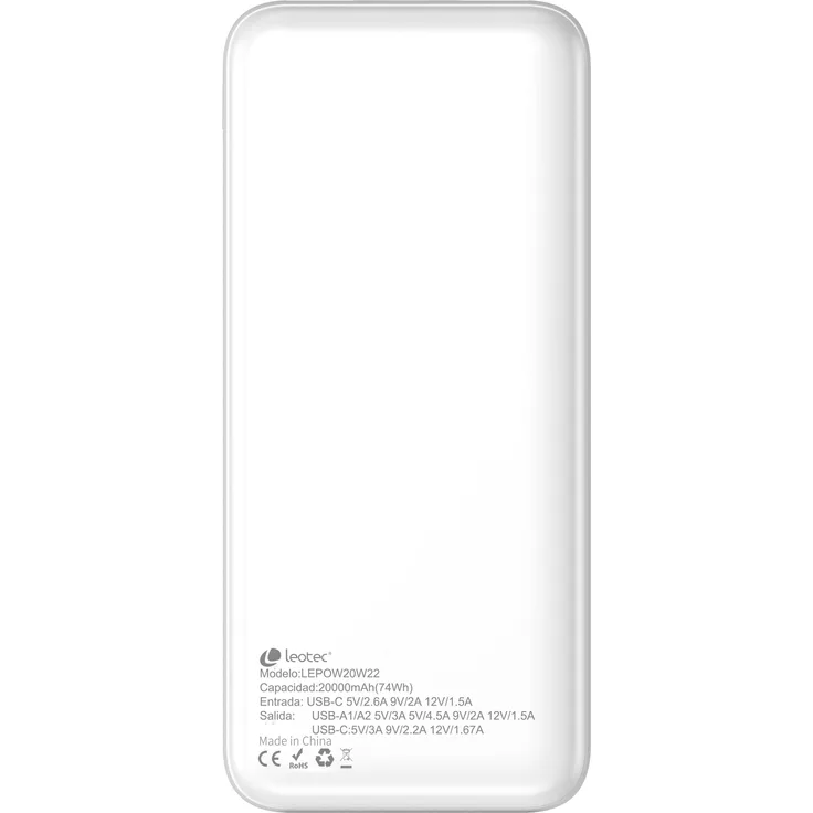 Leotec LEPOW20W22W, Powerbank 20000 mAh mit Power Delivery 3.0 und Quick Charge 3.0, Weiss