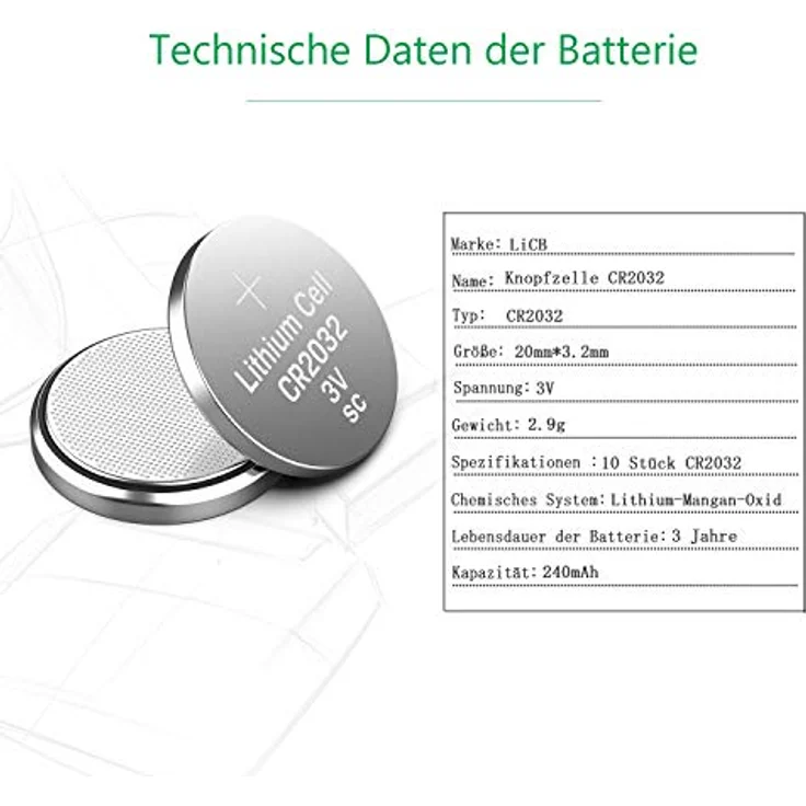 LiCB CR2032 3V Lithium Knopfzellen, 10 Stück, hohe Zellen-Spannung und lange Lagerfähigkeit, geeignet für Uhren, Autoschlüssel und Fitnessgeräte – Bild 2