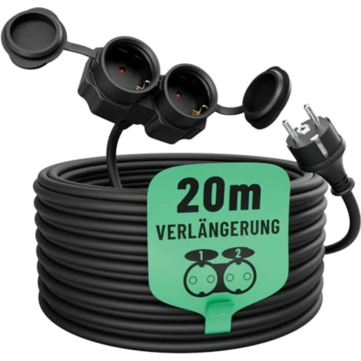greate 2fach Verlängerungskabel außen 20 Meter - IP44 wasserdicht - 3500W - Schwarz – Bild 1