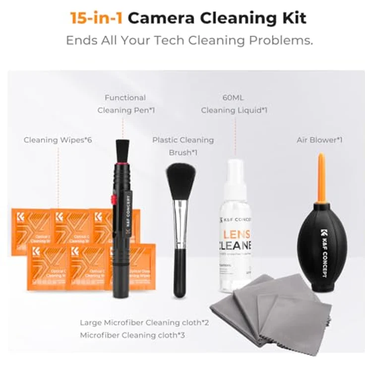 K&F CONCEPT 15-in-1 Kamera-Reinigungsset für Objektiv & Filter, professionelles Reinigungszubehör mit Mikrofasertüchern und Blasebalg – Bild 2