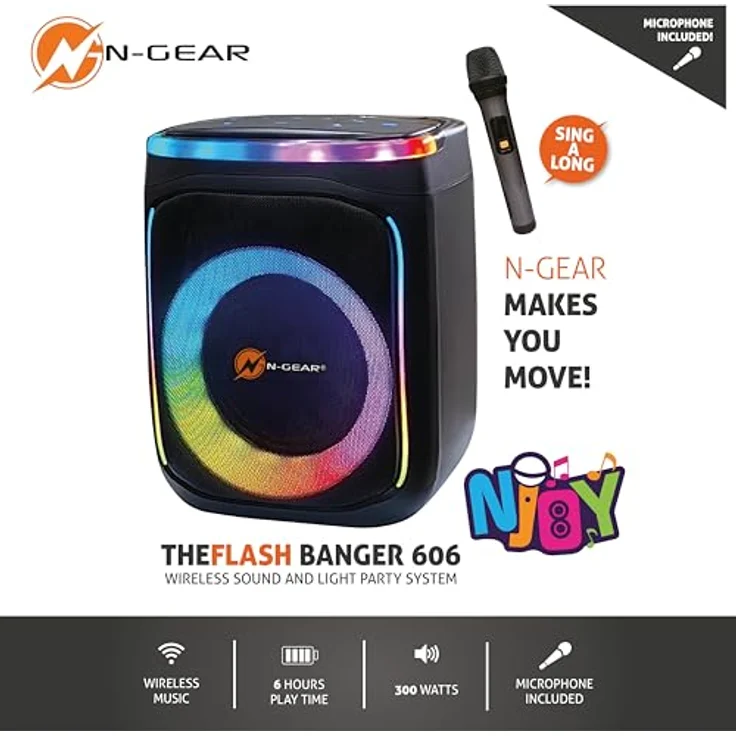 N-GEAR Flash Banger 606 - Tragbarer Bluetooth Party Lautsprecher mit Beleuchtung - 300 Watt Partybox mit drahtlosem Mikrofon und eingebautem Akku - 6 Stunden Spielzeit – Bild 2
