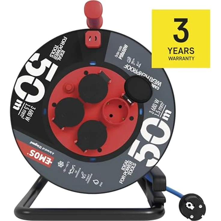 EMOS frostsichere Outdoor-Kabeltrommel 50m, blaues 1,5 mm2 Verlängerungskabel, 4 Schuko Steckdosen IP44 wasserdicht und frostbeständig – Bild 3