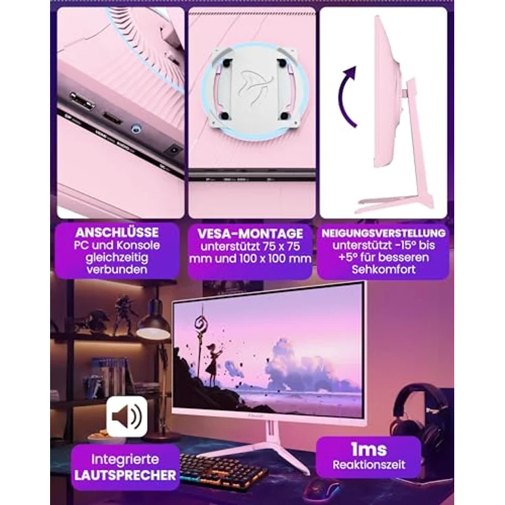 Arozzi Nova Gaming Monitor, 24" IPS 200Hz Full HD 1080p, Adaptive Sync, HDR10, flimmerfrei, 99% sRGB, rosa – Bild 3