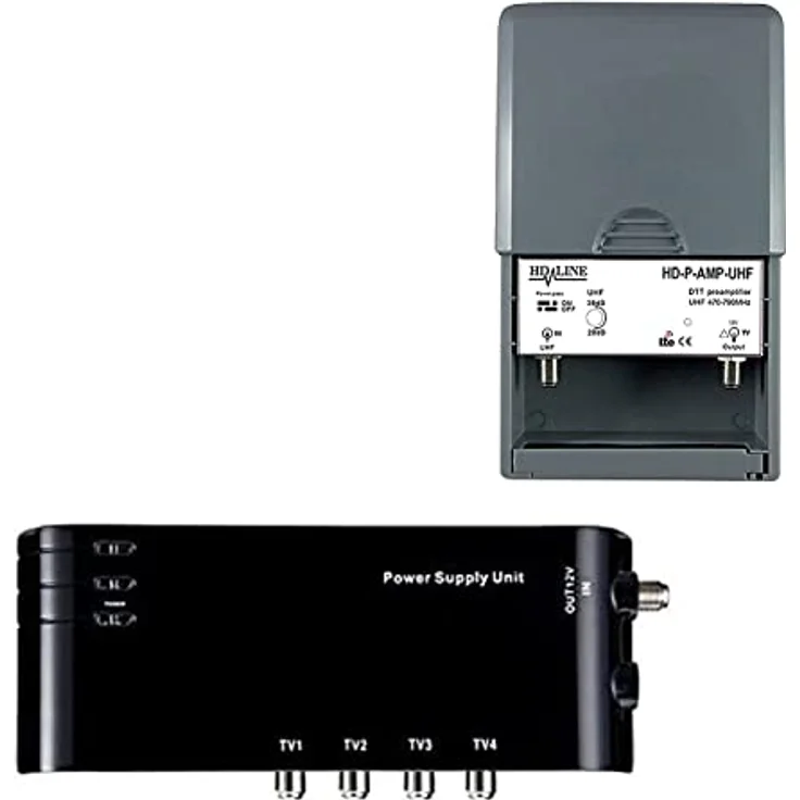 HD-LINE KIT4/1 Vorverstärker 4/1 TV Verstärker + Netzteil 4 TV-Ausgänge, für terrestrische Antenne TNT schwarz – Bild 2