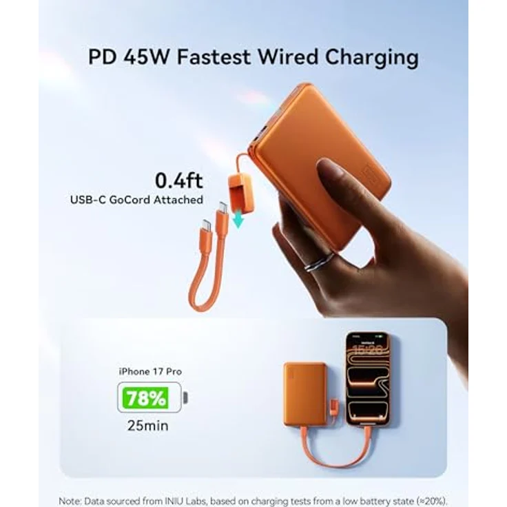 INIU MagSafe Power Bank, Dünnste 10000mAh Qi2 25W Kabelloses Ladegerät mit 45W USB-C, Magnetic Laden mit LED Anzeige, Flugsicher für iPhone 17-12 Serie, Orange – Bild 4