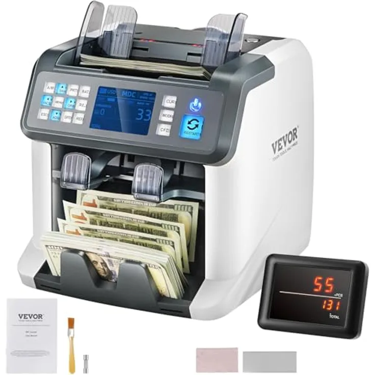 VEVOR Geldzählmaschine, Banknotenzähler mit gemischten Nennwerten, 1200 Banknoten/min, Falschgelderkennung (UV, IR, MG, DD, SN), mehrere Währungen, Druckeraktivierung, TFT-Bildschirm