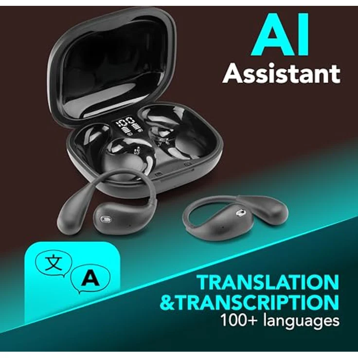cellularline NEBIT, kabellose In-Ear-Kopfhörer mit Sprachassistent, Echtzeitübersetzung in über 100 Sprachen, Sofort-Transkription, KI-Zusammenfassungen, Open-Ear-Design, LED-Anzeige, schwarz – Bild 2