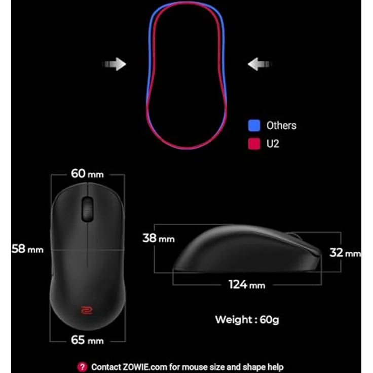 BenQ Zowie U2 Wireless Gaming Maus für Esports, verbesserter Empfänger, 60g leicht, 3200 DPI Sensor, 5 Tasten, 70 Std. Akkulaufzeit – Bild 2