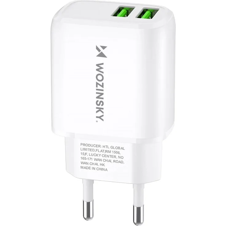Wozinsky CUWCW 2.4A USB-A Wandladegerät, doppelte Ladefunktion für zwei Geräte, sicherer Überlastschutz, kompakt und leicht, Weiß