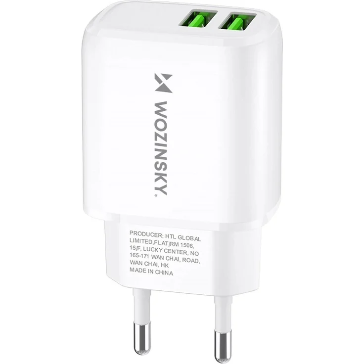 Wozinsky CUWCW 2.4A USB-A Wandladegerät, doppelte Ladefunktion für zwei Geräte, sicherer Überlastschutz, kompakt und leicht, Weiß