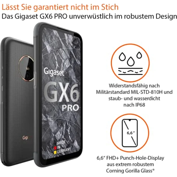 Gigaset GX6 PRO Business-Smartphone 5G - staub- & wasserdicht IP68, Militärnorm - 6,6" FHD+ Display mit Gorilla Glass - 128GB+8GB RAM - 50MP Kamera - 400 std Standby - Android 12, Titanium Black – Bild 2