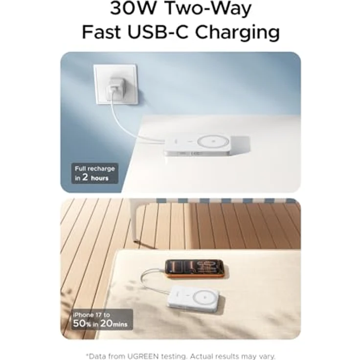 UGREEN MagFlow Air Power Bank, Ultra Slim 10000mAh, 15W MagSafe Powerbank, Qi2-zertifiziert, 30W PD Schnellladung, Integriertes Kabel, Ergonomisches Design, Weiß – Bild 5