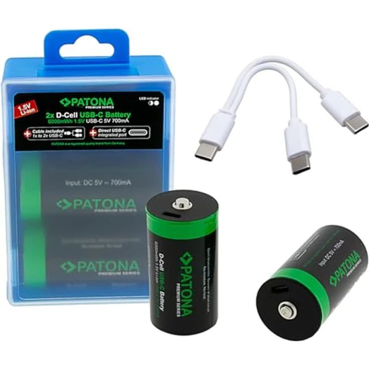 PATONA LR20 Mono D Akkus USB-C (2er Pack), 1.5V / 6.0 Wh/Aufladbar über USB-C (700mA), USB-C Ladekabel mit 2 Anschlüssen - 1412, wiederaufladbare Akkus für unterwegs und zu Hause – Bild 1