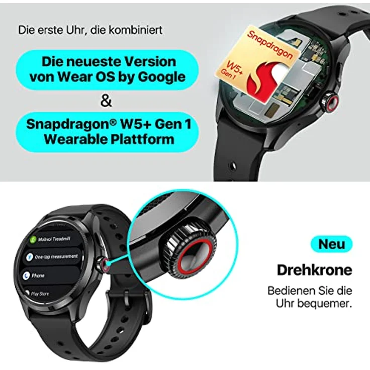 Ticwatch Pro 5 Android Smartwatch für Männer Snapdragon W5+ Gen 1 Wear OS Smartwatch 80 Stunden Lange Akkulaufzeit Gesundheit Fitness Tracking 5ATM Wasserbeständigkeit Kompass Nur Android kompatibel, Black – Bild 3