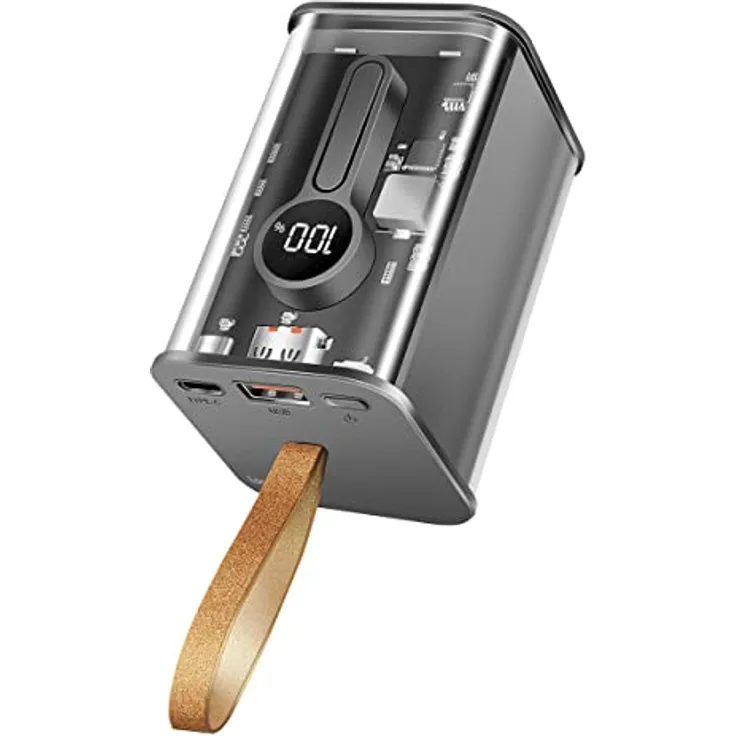 LogiLink Powerbank 20000 mAh mit 7-Fach Schutz, 1x USB-C mit PD (Power Delivery 3.0) & 1x USB-A mit QC (Quick Charge 3.0), mit Display, transparentes Design