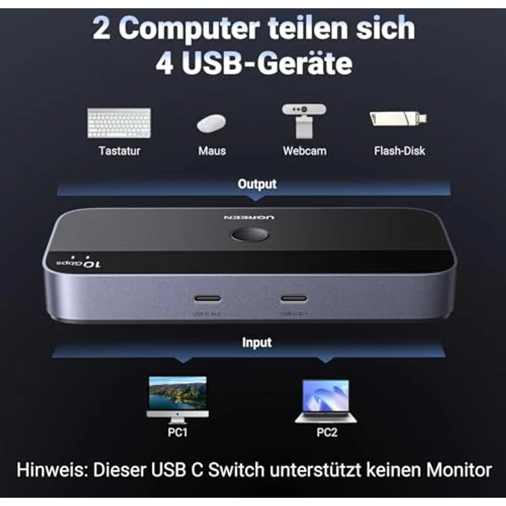 UGREEN USB C Switch 2PC, 10Gbps USB Switch 3.2, 2 In 4 Out mit Desktop Controller, Aluminiumgehäuse, 2 USB C auf C Kabel für Tastatur, Maus, Drucker, USB Stick – Bild 2