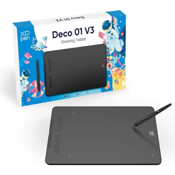 XP-Pen Deco 01 V3 Grafiktablet, 254 x 159 mm, 8192 Druckempfindlichkeitsstufen, 8 programmierbare Tasten, passiver Stift, beleuchtete Ränder