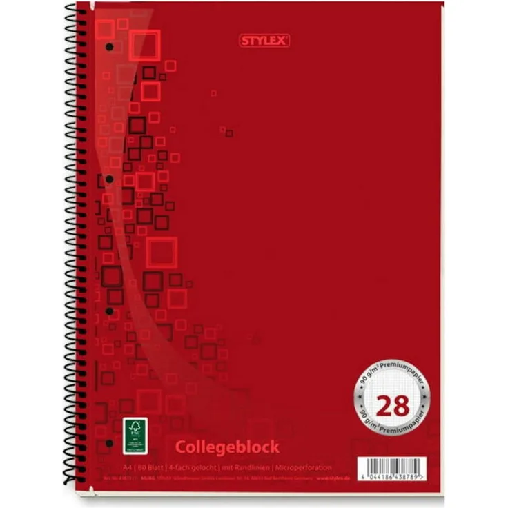 Stylex Schreibwaren Collegeblock DIN A4, kariert, 90g/m² extra starkes Papier, 80 Blatt, perforiert mit Ausreißhilfe