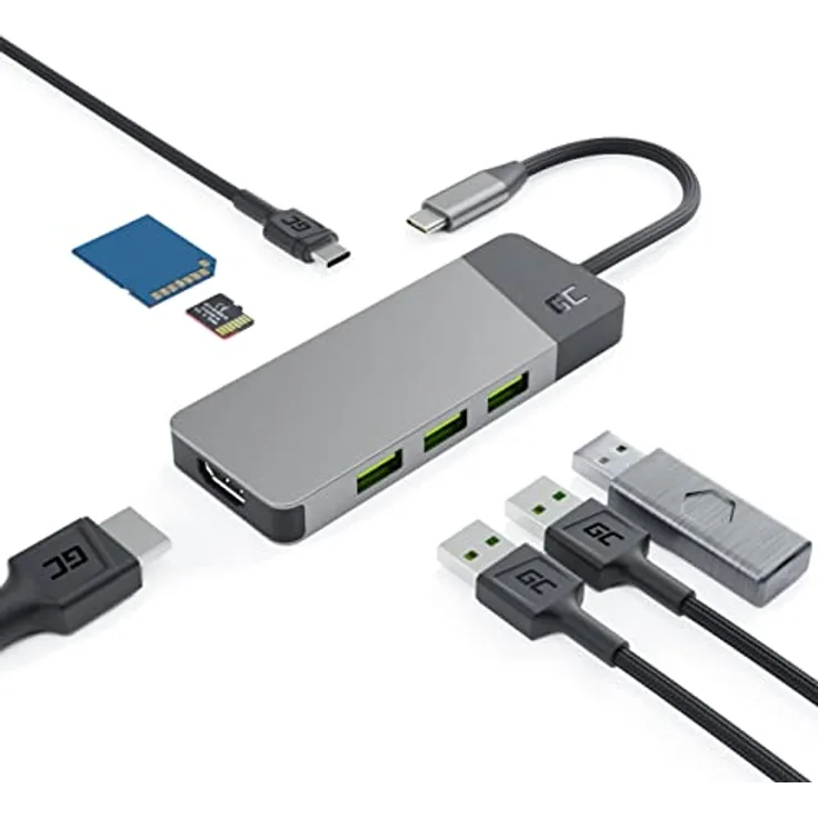 Adapter, Docking Station HUB USB-C PD 85W GC Connect 7in1 (3X USB-A 3.1 HDMI 4K 60Hz SD microSD) für Apple MacBook M1/M2, Lenovo ThinkPad X1, Asus ZenBook, Dell XPS, Samsung DeX-Unterstützung