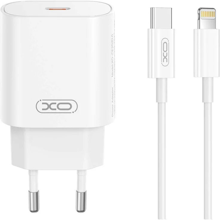XO CE25 Wandladegerät, 25W USB-C mit Power Delivery und USB-C auf Lightning Kabel, weiß