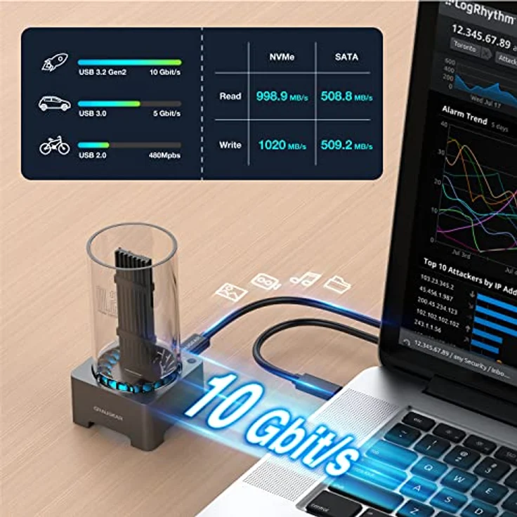 GRAUGEAR | M.2 NVMe SSD und NGFF SSD Docking-Station | RTL9210B für alle M.2 SSD | USB3.2 Gen2 10Gbit/s | 50mm leiser Lüfter | Kühlkörper | werkzeuglos | 2X USB Kabel | G-M2DK-AC-10G – Bild 4