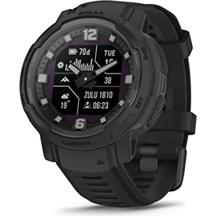 Garmin Instinct Crossover Solar Tactical Smartwatch Hybrid 45 mm Solar Aufladung, Rugged Design und Super-Luminova Zeigern, 70 Tage Laufzeit, 30 Multisport-Apps, GPS, Taktische Funktionen (schwarz)