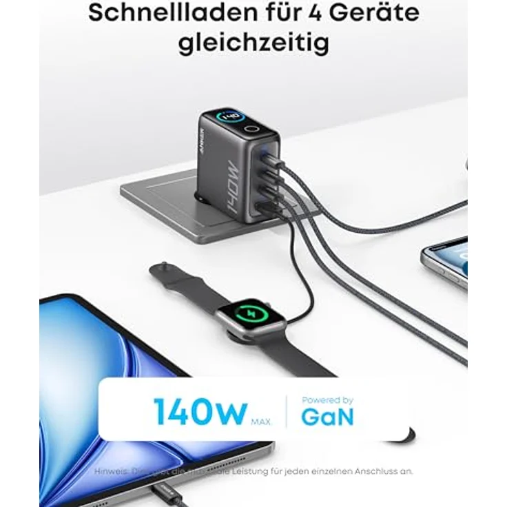 Anker 140W USB C Ladegerät, 4-Port Multi-Geräte Schnellladeleistung, GaN Netzteil, Touch Control, Kompatibel mit MacBook, iPhone 16/15/14, Samsung, Pixel - Weiß – Bild 2