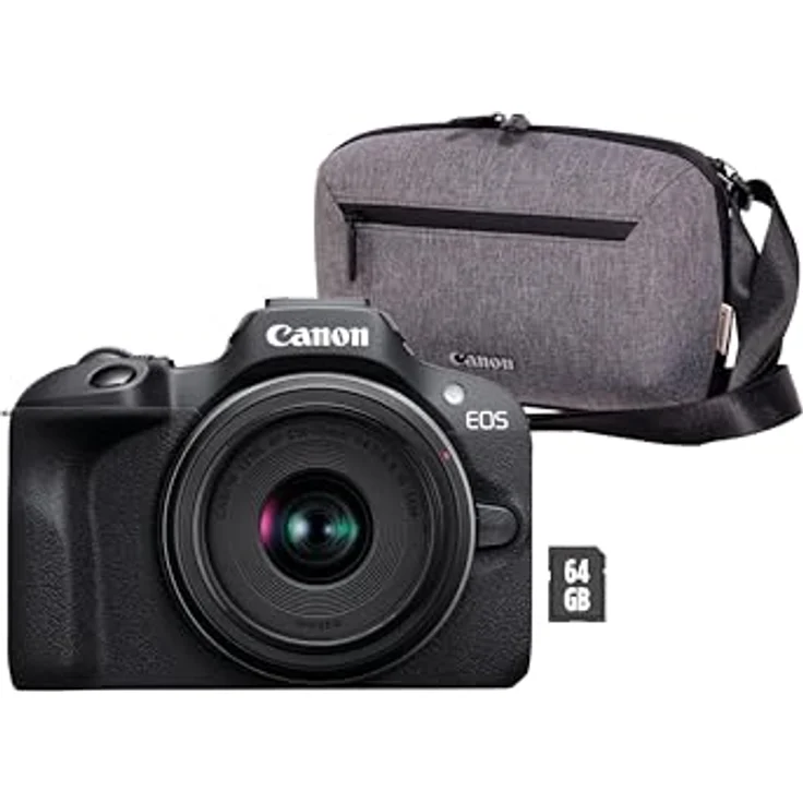 Canon EOS R100 + RF-S 18-45mm F4.5-6.3 IS STM Objektiv + Kameratasche + 64GB SD-Karte, Spiegellose Kamera mit 24,1 MP APS-C Sensor und 4K-Videoaufnahmen, Schwarz – Bild 1