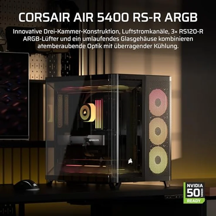 Corsair AIR 5400 RS-R ARGB PC-Gehäuse, Midi Tower mit Tempered Glass, 3x 120-mm-Lüfter und RGB, schwarz – Bild 3
