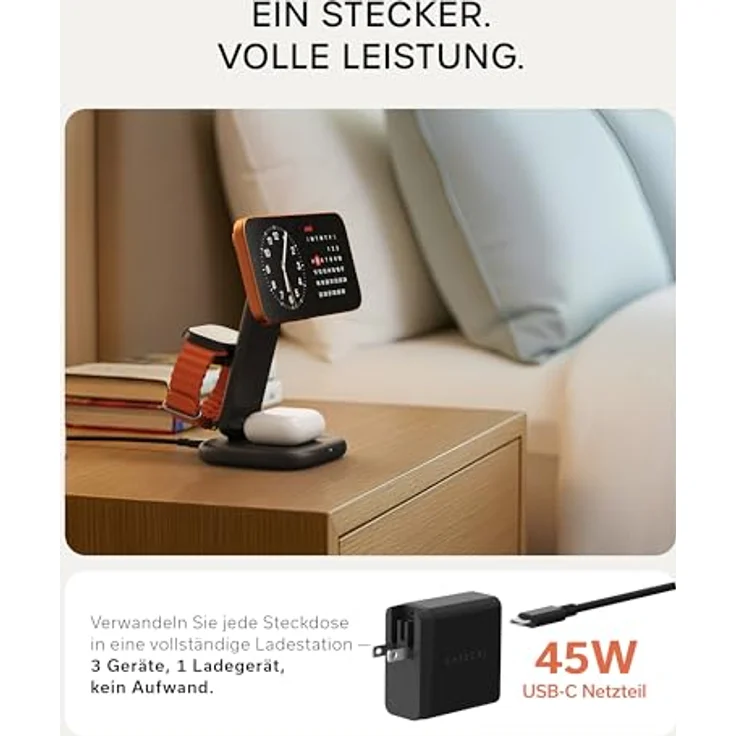 SATECHI 3-in-1 Qi2 Kabellose Induktive Ladestation – 25W Magnet-Schnellladegerät für iPhone 17, Apple Watch Series 11 & AirPods – Faltbare Ladestation mit 45W USB-C Ladeadapter – Space Schwarz – Bild 5