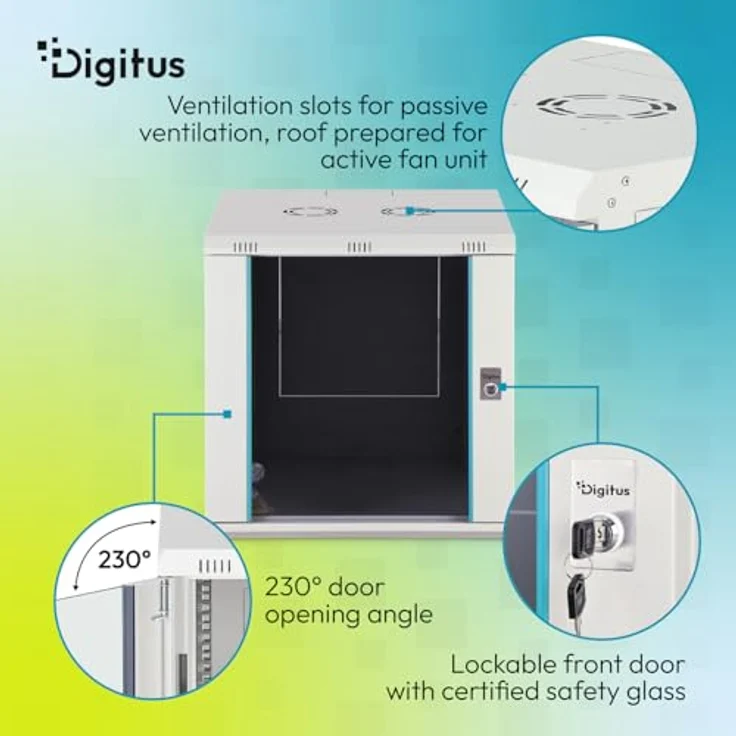 DIGITUS Netzwerkschrank 19-Zoll Rack 12HE, unmontiert, Wandmontage, 600 mm Tiefe, 60 kg Traglast, abschließbare Glastür, Dynamic-N Serie, grau – Bild 4