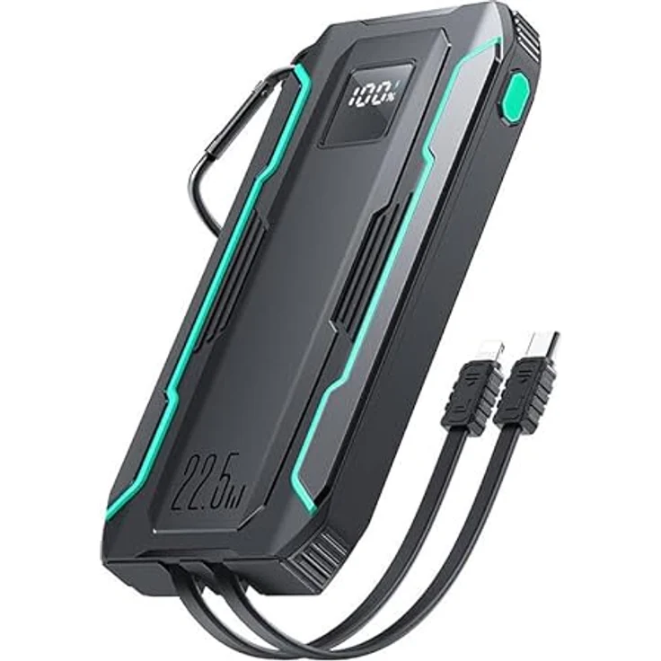 Joyroom JR-L017 22,5 W 10000 mAh Powerbank mit Dual-Kabeln, Schwarz - Notfallalarm, 4 Ausgangsanschlüsse, superschnelles Aufladen, große Kapazität – Bild 1