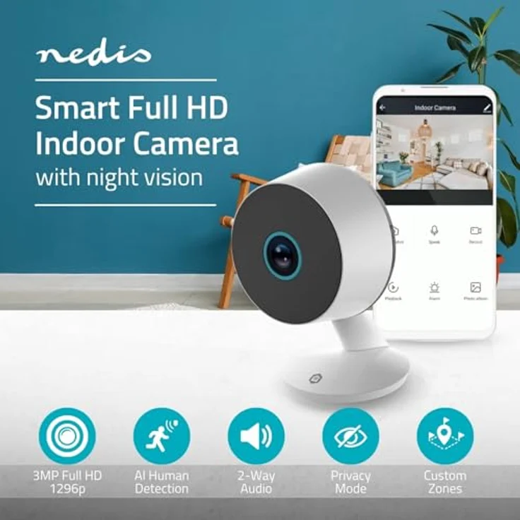 Nedis SmartLife Innenkamera, 3MP Full HD 1296p, Wi-Fi, Nachtsicht bis 10m, Bewegungserkennung, Weiß – Bild 2