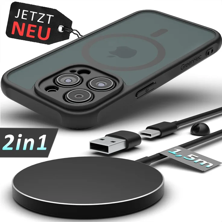 GreenHec MagSafe Ladegerät + Magnet Hülle iPhone 16 15 14 13 12 Pro Max Wireless Charger, Schwarz Frosted Case, Kabellos induktiv (50% schnellere Ladegeschwindigkeit, Power Grip Magnet)