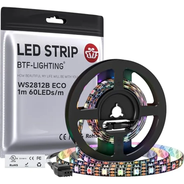 BTF-LIGHTING WS2812 1M 60LEDs RGB Flexibler Lichtstreifen, Individuell adressierbar, Schwarz PCB, IP65 Wasserdicht, DC5V für Heimdekoration