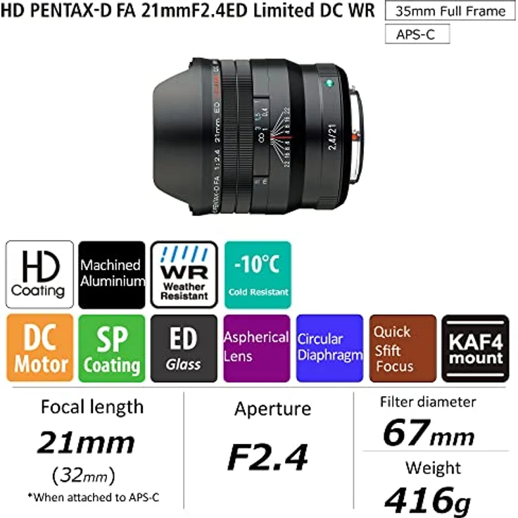 HD 28040 PENTAX-D FA 21mmF2.4ED Limited DC WR in Schwarz Ultra-Weitwinkel-Objektiv mit,Festbrennweite [Zur Verwendung Verwendung mit 35 mm Vollformat-DSLR-Kameras] – Bild 2