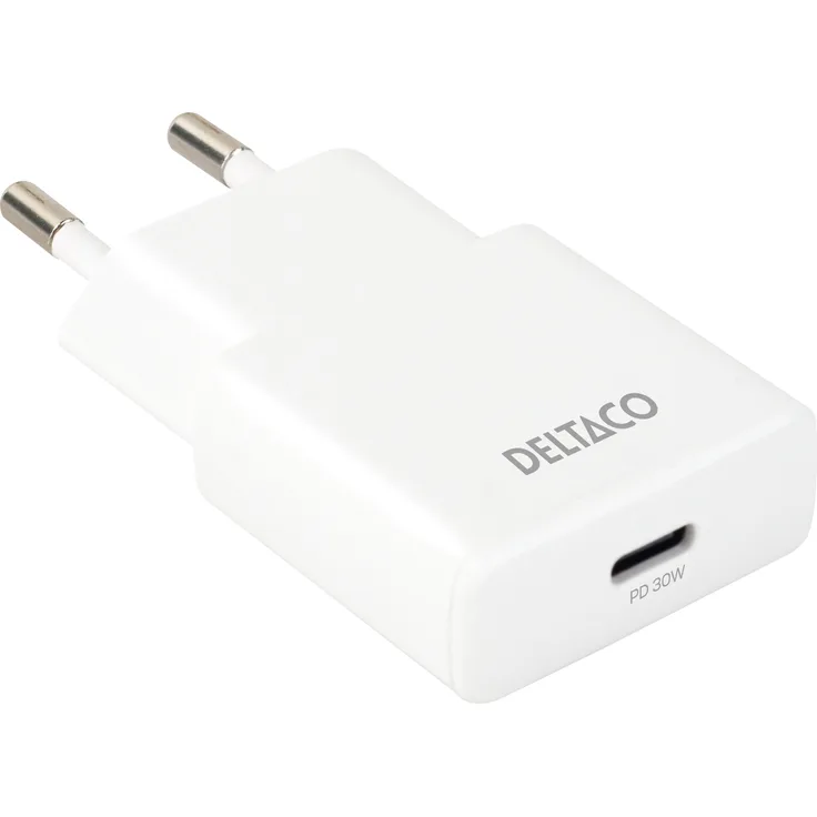 Deltaco USBC-AC156, 30 W USB-C Wandladegerät mit Power Delivery und PPS-Technologie, Weiss