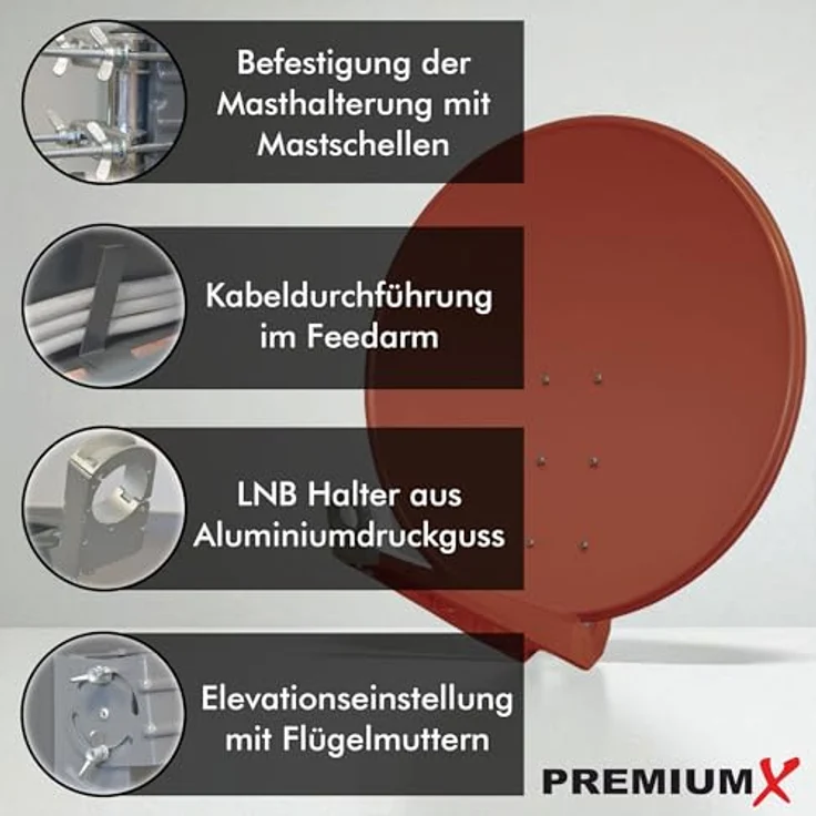 PremiumX DELUXE100 Satellitenschüssel 100 cm, Ziegelrot, Aluminium, Full HD, 3D, 4K Ultra HD, starker Empfang, einfache Montage – Bild 3