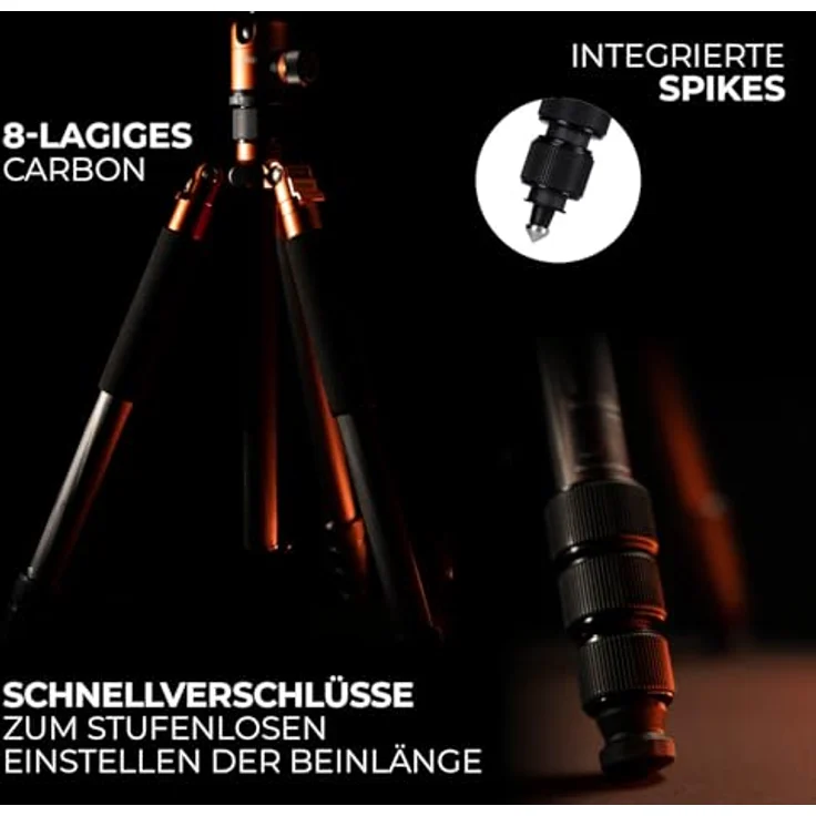 Rollei C6i Carbon Fotostativ: Kompakt, leicht, 3in1-Stativ mit Arca Swiss Kugelkopf, Monopod, Makrostativ, inkl Spikes und Tasche (Orange) – Bild 4