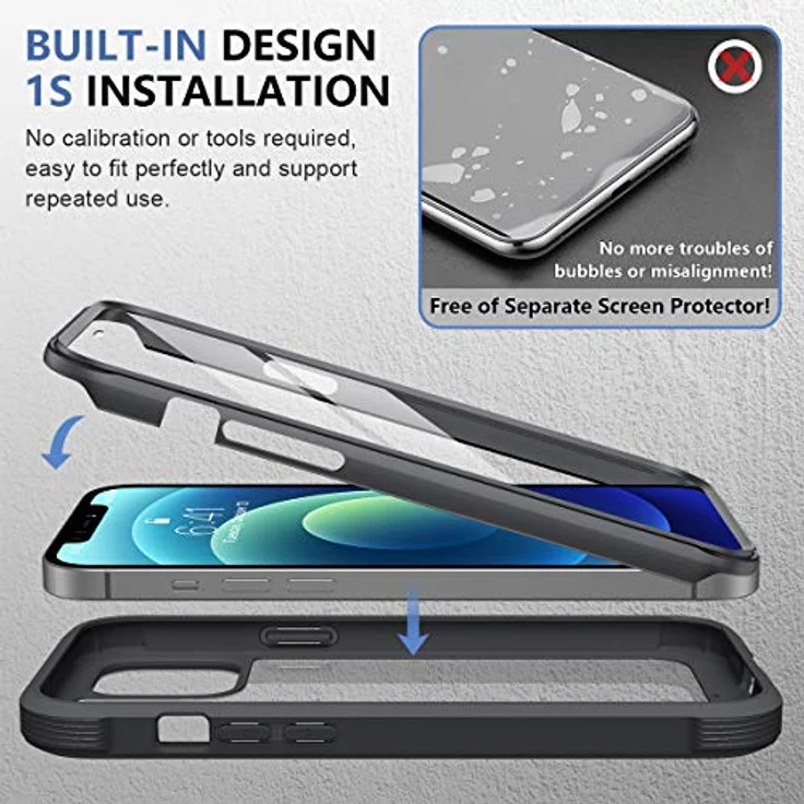 Miracase 360 Grad Hülle für iPhone 12/12 Pro (6.1 Zoll), Ganzkörper Schutzhülle mit integrierter Glas Displayschutzfolie, stoßfest, schwarz – Bild 3