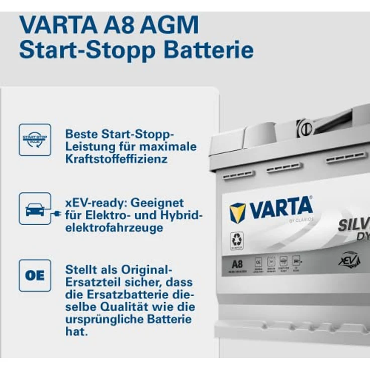 VARTA A8 Silver Dynamic AGM, 12V 60Ah 680A Autobatterie für Start-Stop-Systeme, auslaufsicher und rüttelfest – Bild 2