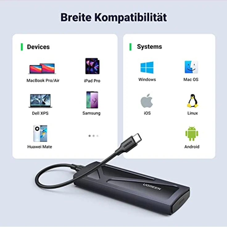 UGREEN NVMe M.2 Gehäuse USB 3.2 Adapter - 10 Gbps für NVMe SSD in Schwarz mit Kühlkissen - Werkzeuglose Montage – Bild 4