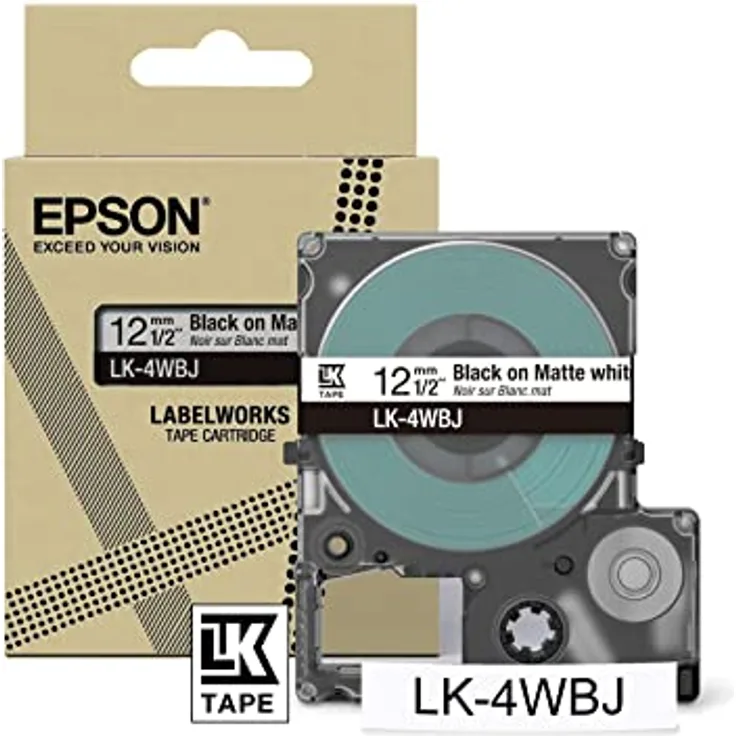 Epson Etikettenkassette, mattes Beschriftungsband LK-4WBJ schwarz auf weiß, langlebiges Band für Epson LabelWorks Etikettendrucker, wasser- & verschleißfest, 8 m x 12 mm