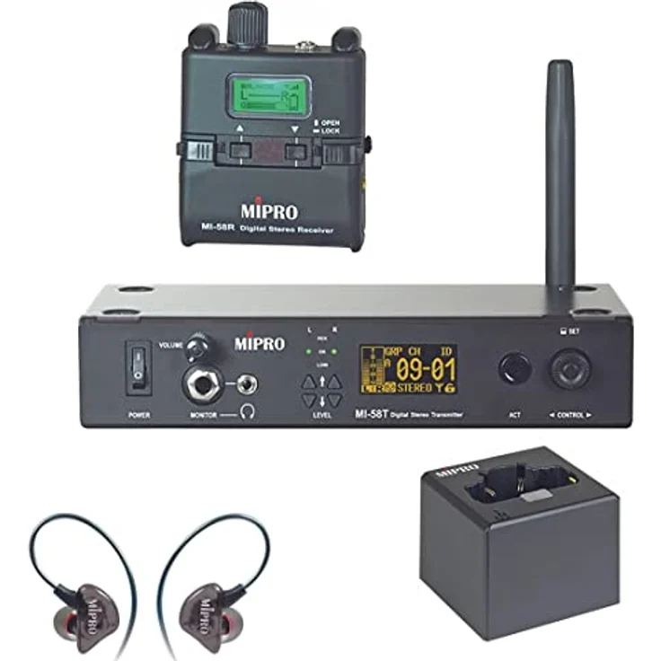 Mipro Audio MI-58RT, digitales drahtloses In-Ear Monitoring Komplettset mit Stereosender und Ohrhörern, 5,8 GHz Frequenzband, 20 Hz - 23 kHz Frequenzgang, tragbarer Taschenempfänger – Bild 1
