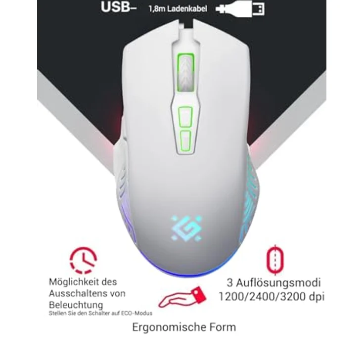 Defender® Pandora Kabellose Gaming Maus, Geräuschlose Klicks, 5 programmierbare Tasten, RGB-Beleuchtung, bis zu 120 Std. Akkulaufzeit, Wireless Gamer Maus für PC, Mac, Laptop, Weiß – Bild 4