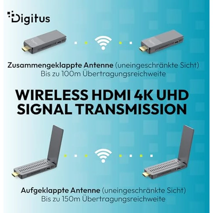 DIGITUS DS-55359 Wireless HDMI Extender, UHD 4K 60 Hz, bis zu 150 m Reichweite, Set aus Transmitter und Receiver, HDMI 2.0, HDCP 2.2, Grau – Bild 4