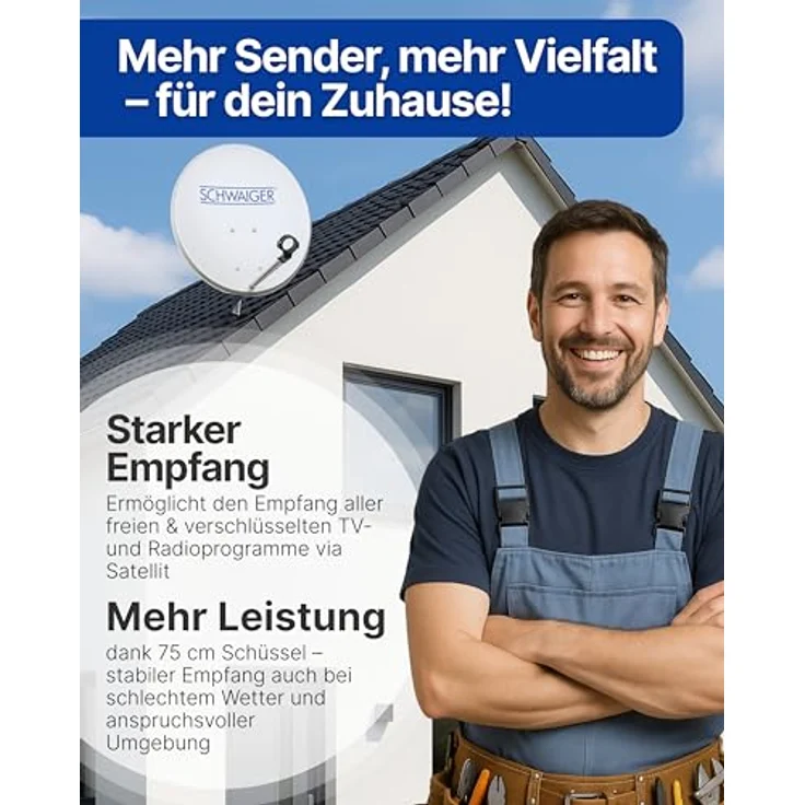 SCHWAIGER Satellitenschüssel Ø 80 cm Stahl Offset Antenne, hellgrau, wetterfest & Multifeed geeignet, inkl. LNB Tragarm & Masthalterung, max. Empfangsleistung 38,5 dB – Bild 2